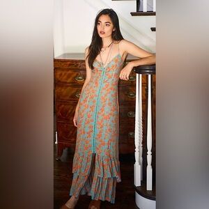 Free People Great Escape Maxi Slip Dress Floral Boho Tie Strap S SO